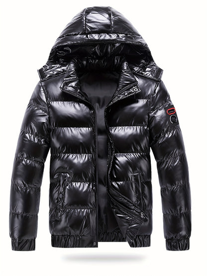 Men's Black Glossy Finish Jacket with Hood - Winter Coat, Zippered Pockets, Ribbed Cuffs & Waistband, Hand Wash Only, Regular Fit for Autumn & Cold Weather