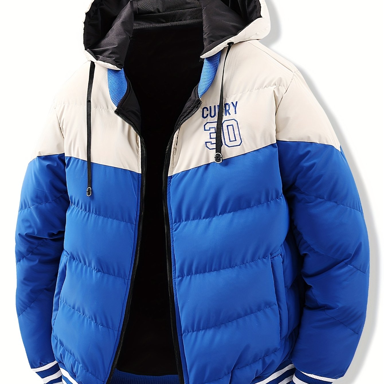 Men's Modern Streetwear Hooded Jacket with Embroidered Lettering, Color-Block Design, Removable Hood & Polyester Fill - Machine Washable Long Sleeve Coat with Pockets for Fall Winter Casual Wear