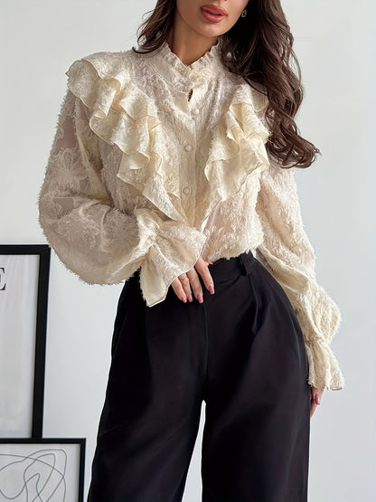 Women's Elegant and Romantic Retro Court Style Stand Collar Pleated Textured Button Flared Sleeve Apricot Shirt, Autumn Collection