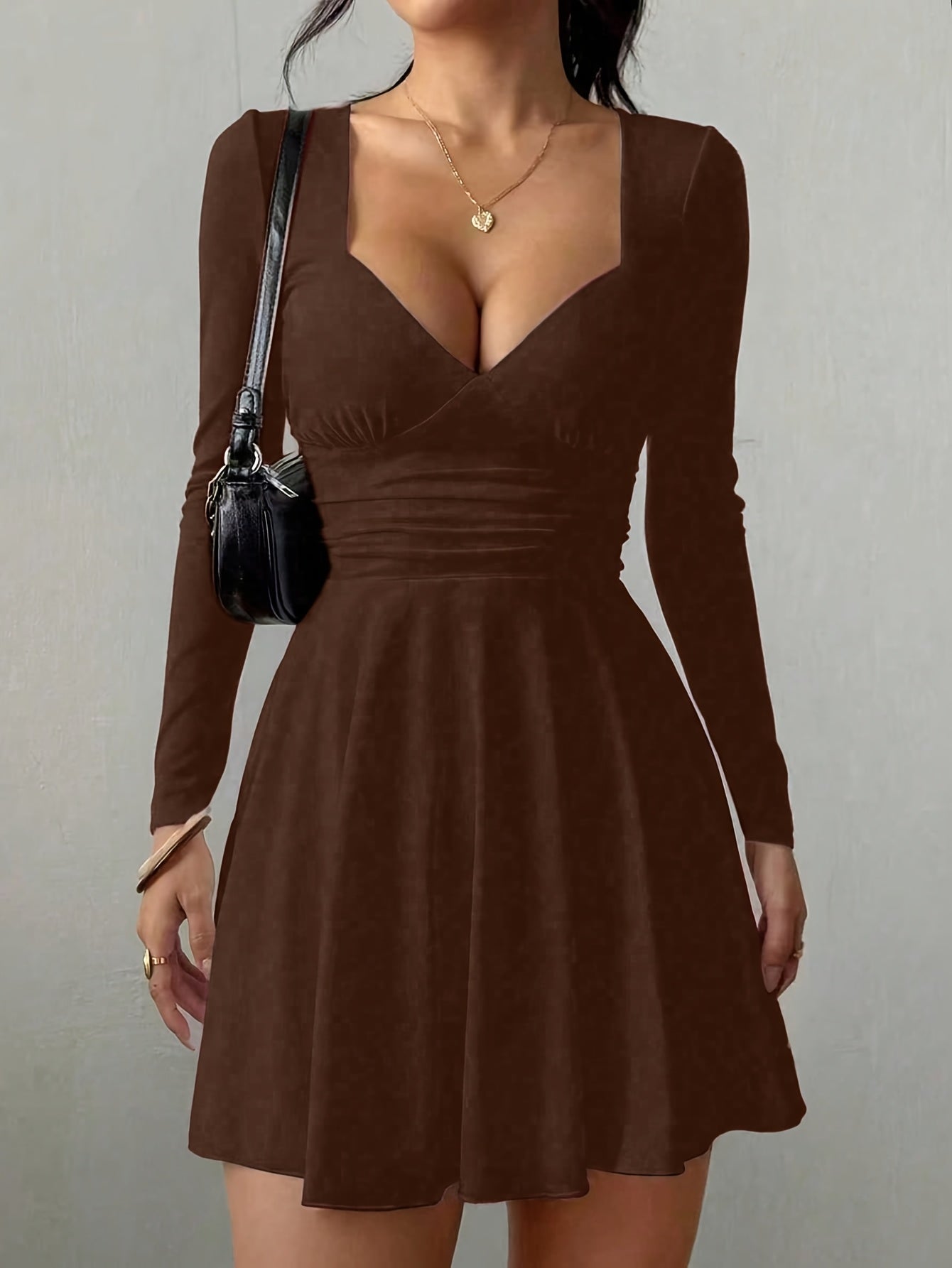 Women’s V-Neck Mini Dress with Waist Ruching and Long Sleeves