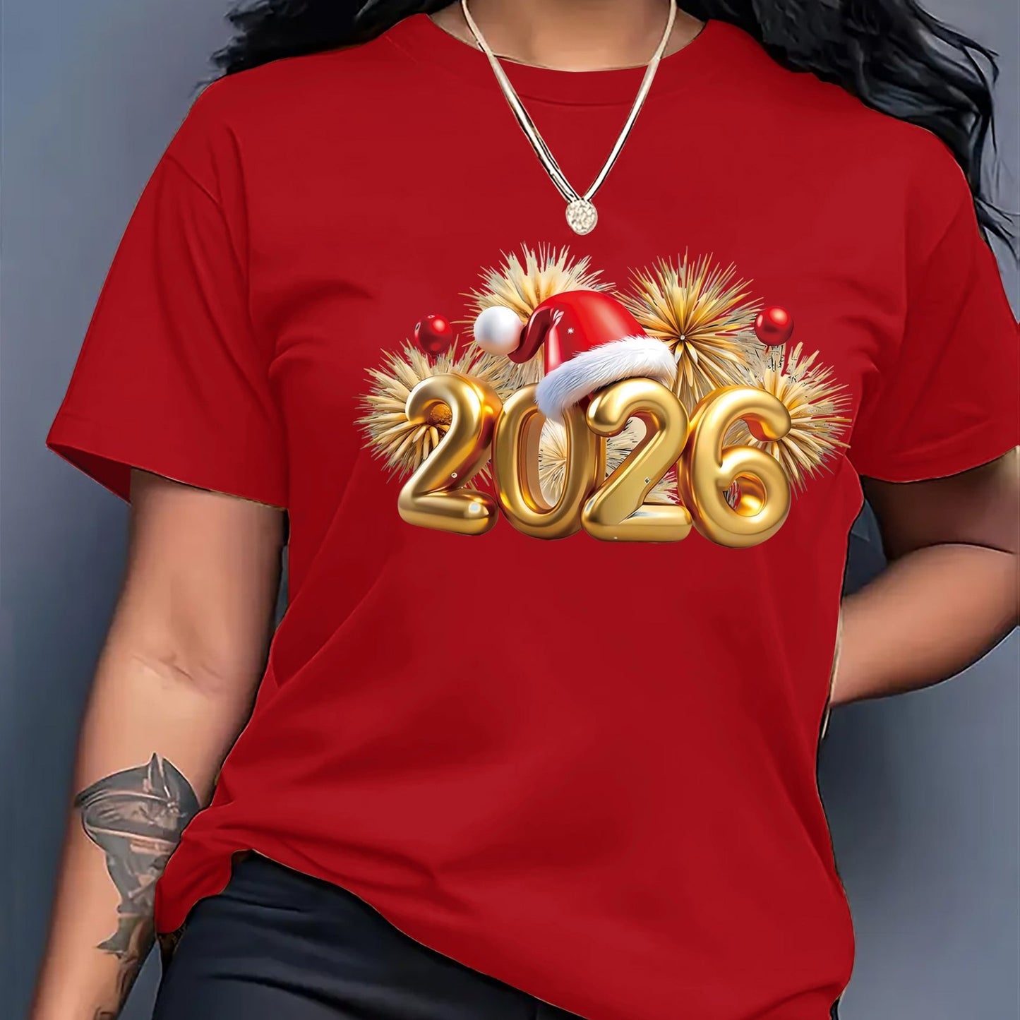 Women'S 2026 New Year Print T-Shirt - Red with Golden Number 2026 & Snowflake Design, Casual Round Neck Tee for Spring/Summer, Casual Wear Tops, |festive Tshirt|round Neck Tee, Christmas T Shirt