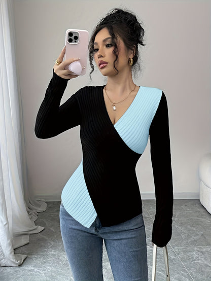 Women'S Elegant Color Block Long Sleeve T-Shirt - V-Neck, Slim Fit, & Pink, Comfortable & Stylish for Spring/Fall, Versatile Casual or Dressy Outfits, Versatile Fashion | Vneck Top | Construction, Ladies T Shirts