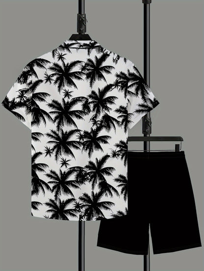 Men's Casual Summer Shirt Set, Black Palm Tree Pattern 3D Print, Loose Collar Short Sleeve Shirt and Drawstring Shorts 2pcs Set