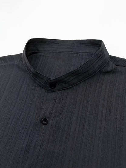 Men's Black Textured Stand Collar Short Sleeve Shirt
