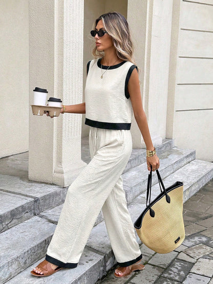 Women's Sleeveless Color-Block Tank Top & Wide-Leg Pants Set