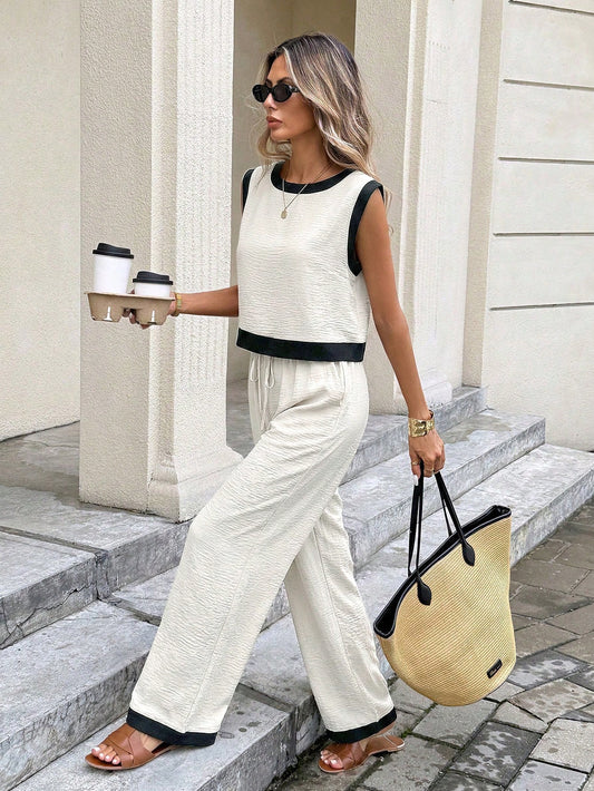 Women's Sleeveless Color-Block Tank Top & Wide-Leg Pants Set