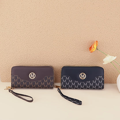 Women'S Elegant Patchwork Wallet & Wristlet Clutch - Large Capacity Double-Zip Coin Purse with Golden-Tone M-Logo, Golden-Tone Hardware & Wrist Strap
