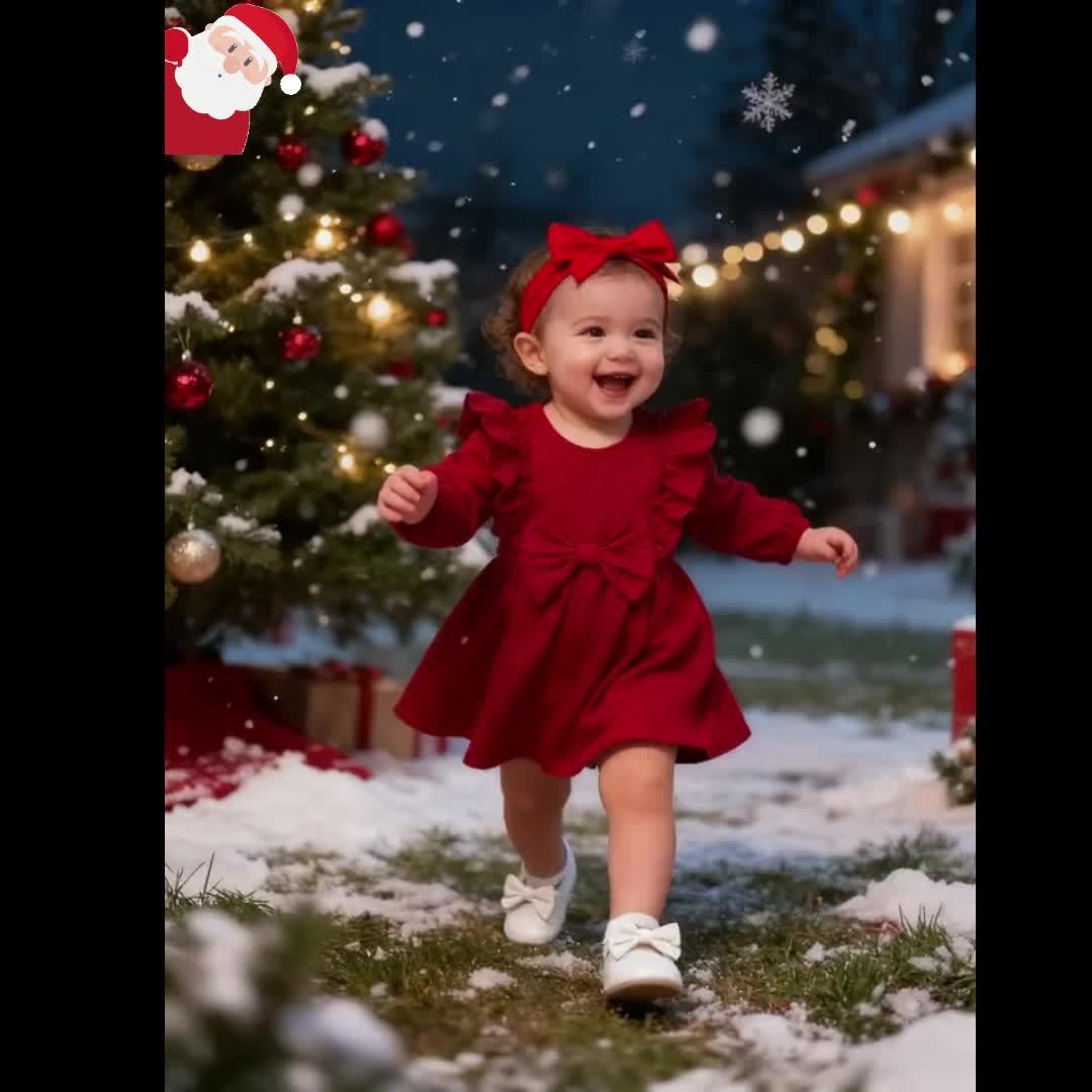 1-18 Months Girls' Red Dress | Christmas New Year Festival Party Wear with Headband, Princess Style, Autumn-Winter Collection, Crew Neck, Long Sleeve, Knee High, Flared Hem
