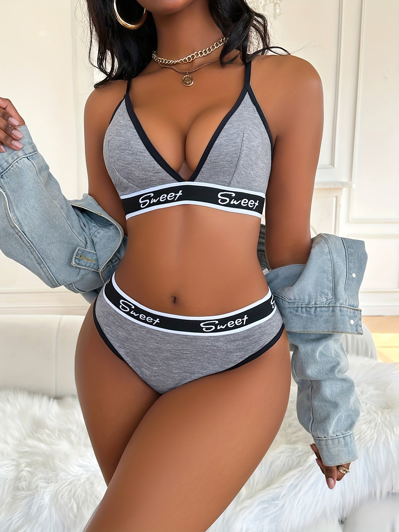 Elegant Women’s Sports Bra and Lingerie Set in Polyester Blend