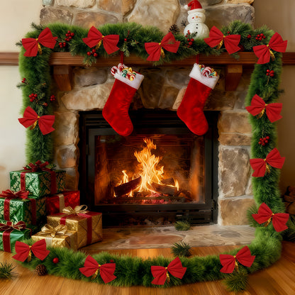 314.96-inch 40pcs Set with Red Bows - Premium Winter Dark Green Christmas Vine Spring Decoration | No Lights - Artificial Plastic Material Metallic Foil Faux Garland Plant | Suitable for Christmas, New Year, Thanksgiving Part