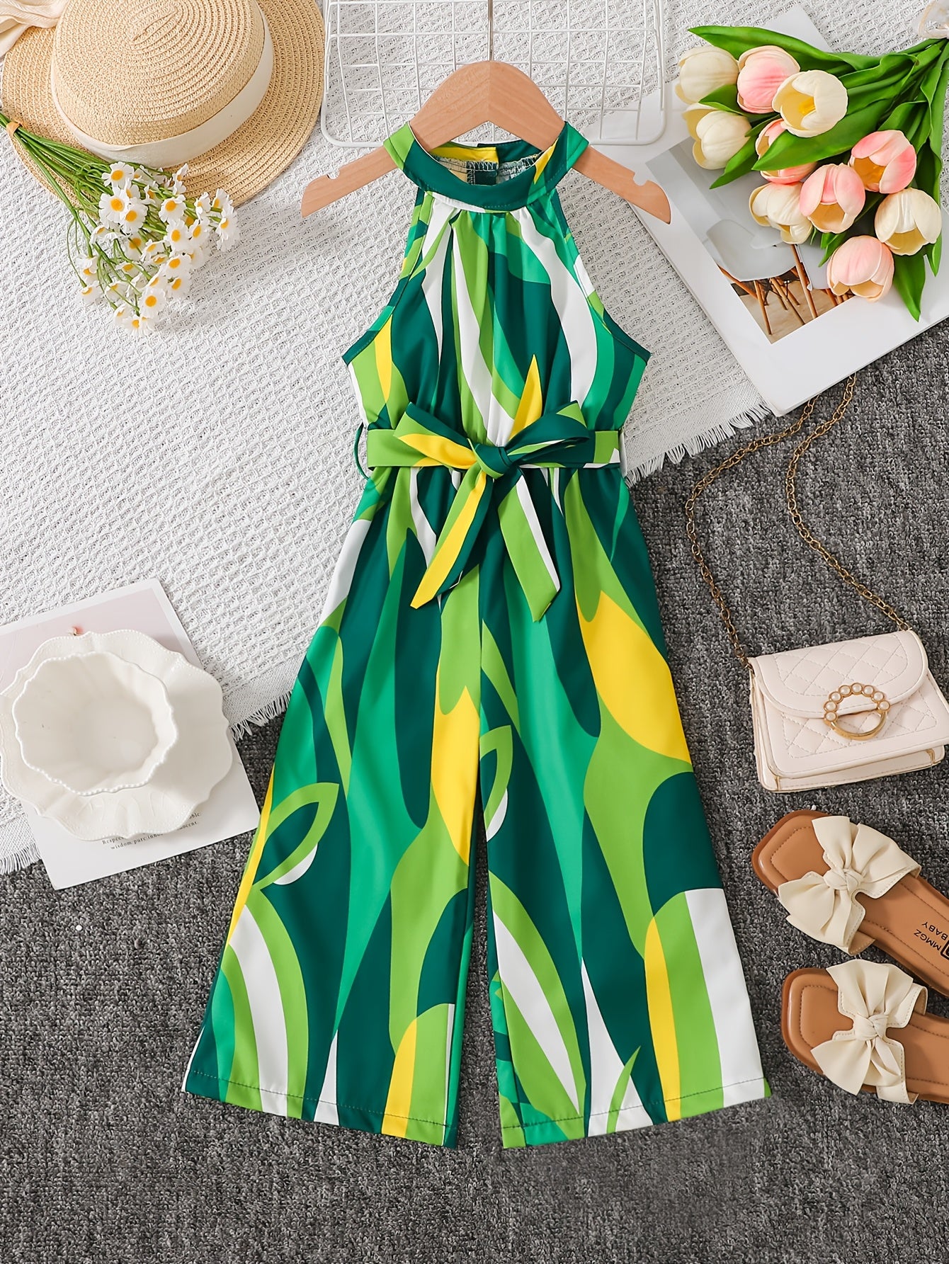 Girls Sleeveless Geometric Jumpsuit with Belt - Elegant Summer Wear