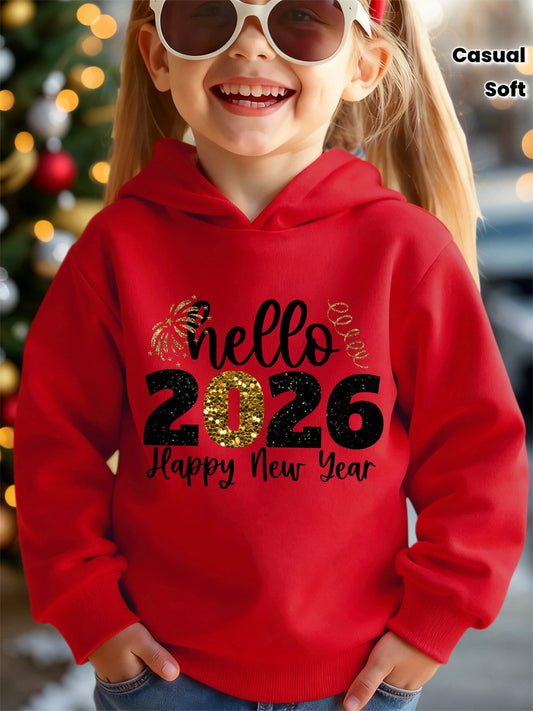 Girls' 2026 New Year'S Hooded Sweatshirt - Hello 2026 Happy New Year Lettering, Mint Green with Golden Glitter Accent, Cozy Fleece Pullover for Christmas & New Year, Winter Casual Wear, Christmas Sweatshirt, Festive Clothing,