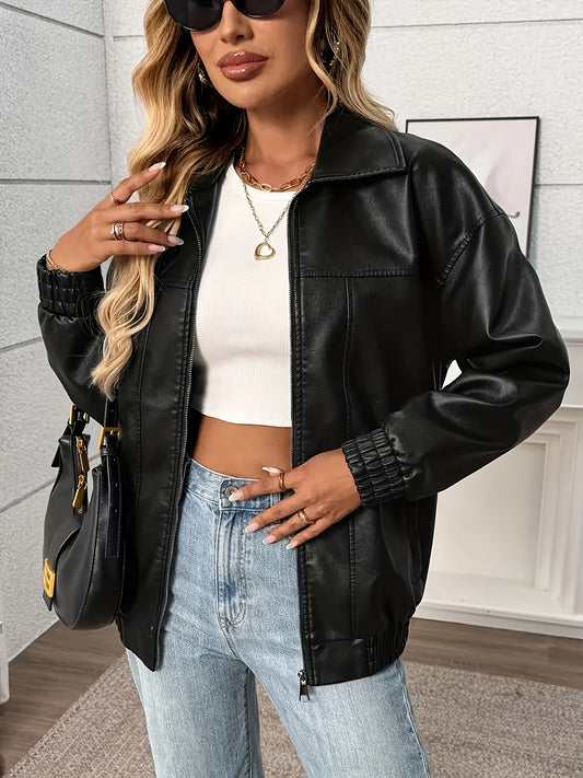 Graceful Special Edition Women's Solid Color Zip-Up PU Casual Long Sleeve Jacket