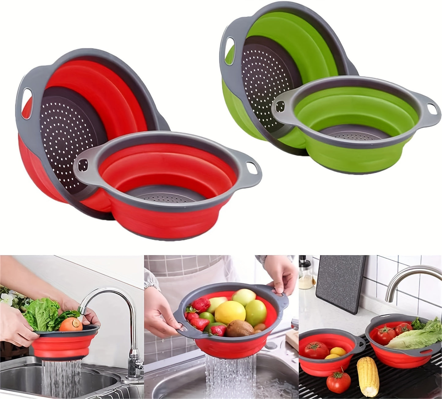 1/2 Set Round Silicone Kitchen Drain Basket Set Collapsible Funnel - 1 Large, 1 Small, Very Suitable for Draining Pasta, Vegetables and Fruits
