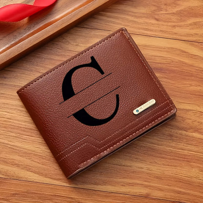 1pc Men's Business Style Faux Leather Wallet, Customizable Text and Initials, Solid Color Faux Leather with Contrast Accents, Compact Short Bifold Design for Easy Carrying - Perfect Birthday Gift for Boyfriend and Father, Per
