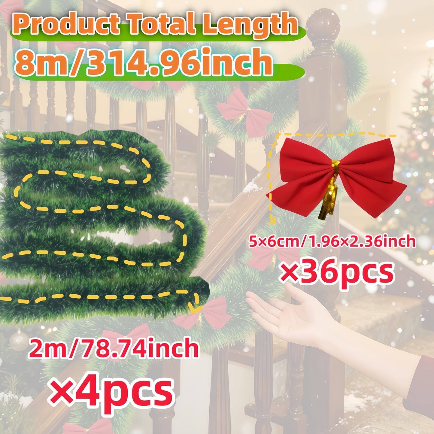 314.96-inch 40pcs Set with Red Bows - Premium Winter Dark Green Christmas Vine Spring Decoration | No Lights - Artificial Plastic Material Metallic Foil Faux Garland Plant | Suitable for Christmas, New Year, Thanksgiving Part