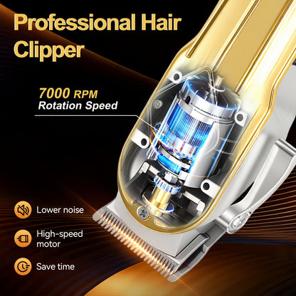 One Piece of a Golden Electric Hair Clipper for Men, Featuring a Professional-Grade Design with an Adjustable Serrated Blade, Four Comb Attachments of Varying Sizes, USB Charging Capability - ayq