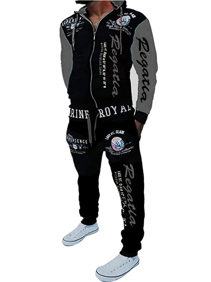 Men's Hooded Letter Print Tracksuit, 2pcs Casual Sports Set, Fashion Hoodie With Full-zip And Elastic-waist Pants, Regular Fit, Outdoor Cloth