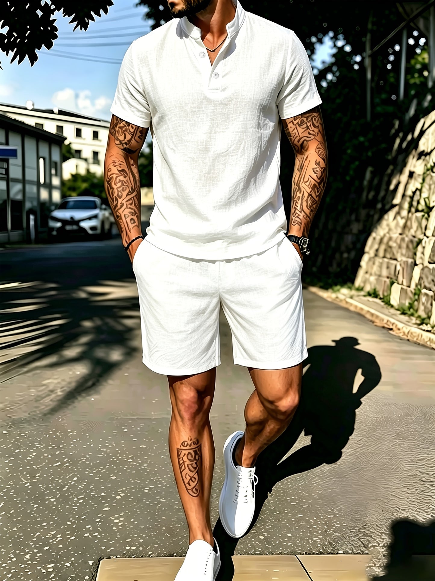 Men's Casual Cotton Polo Shirt and Shorts Set for Spring/Fall