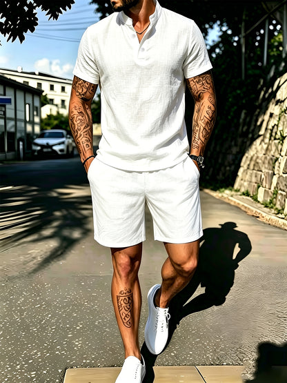 Men's Casual Cotton Polo Shirt and Shorts Set for Spring/Fall