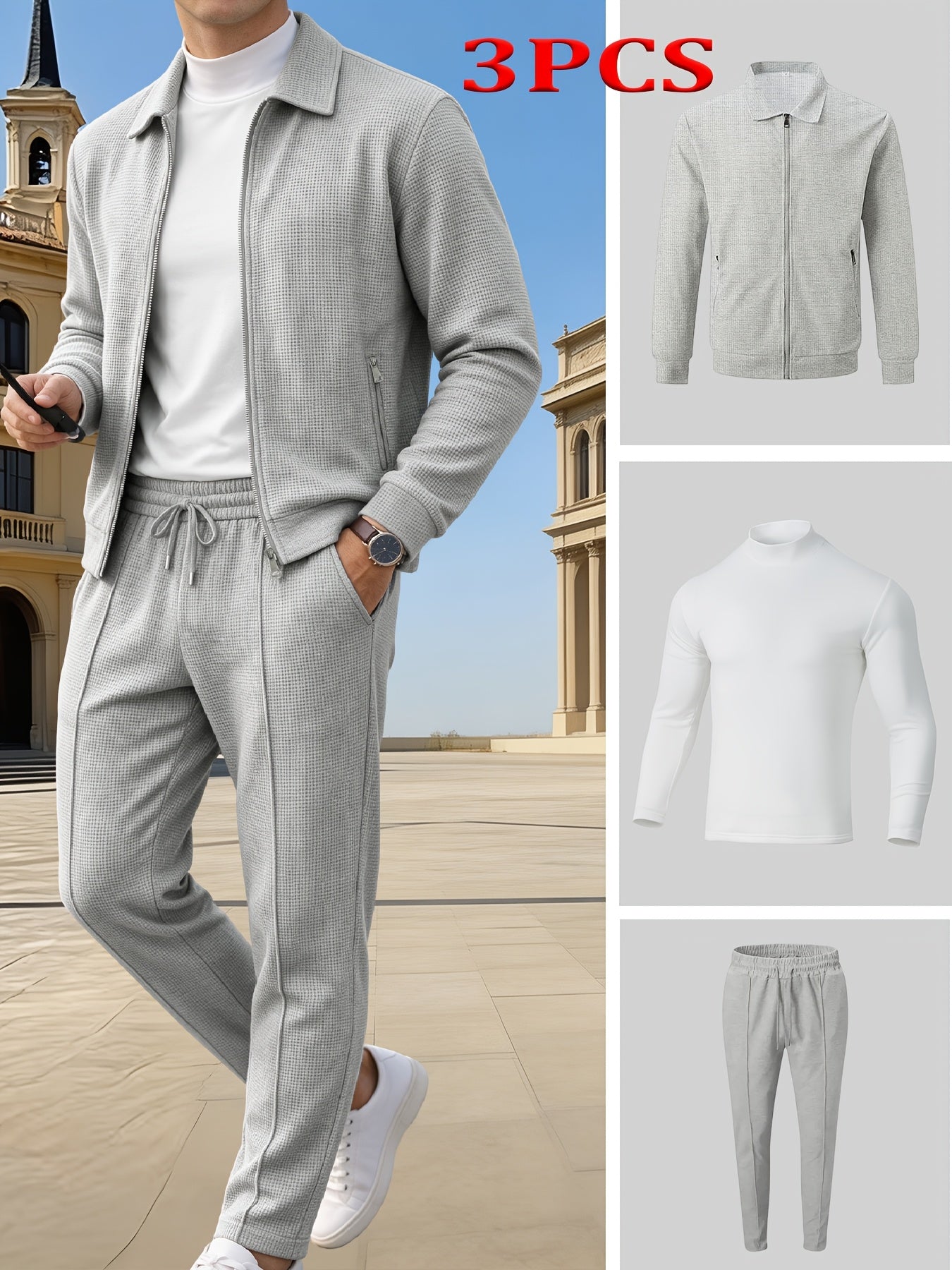 Men's Casual 3-Piece Knit Set with Zipper Jacket & Drawstring Pants