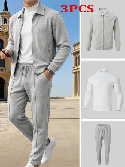 Men's Casual 3-Piece Knit Set with Zipper Jacket & Drawstring Pants