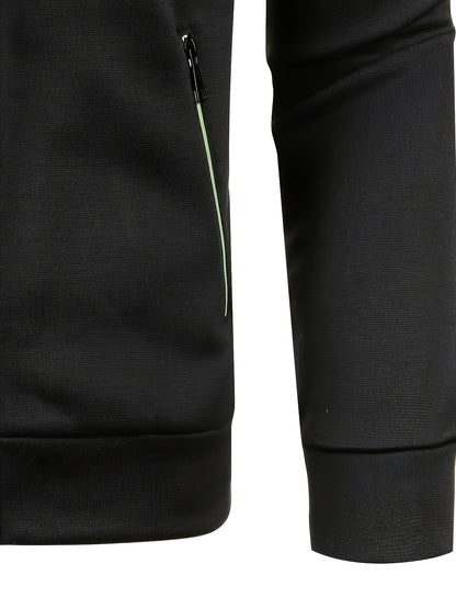 Men'S Casual Windbreaker Jacket with Lapel Collar, Full Zip - Non-Stretch Fabric, Regular Fit, Solid Color, Chain Detail, Woven - Fall/Winter Collection, Perfect Gift