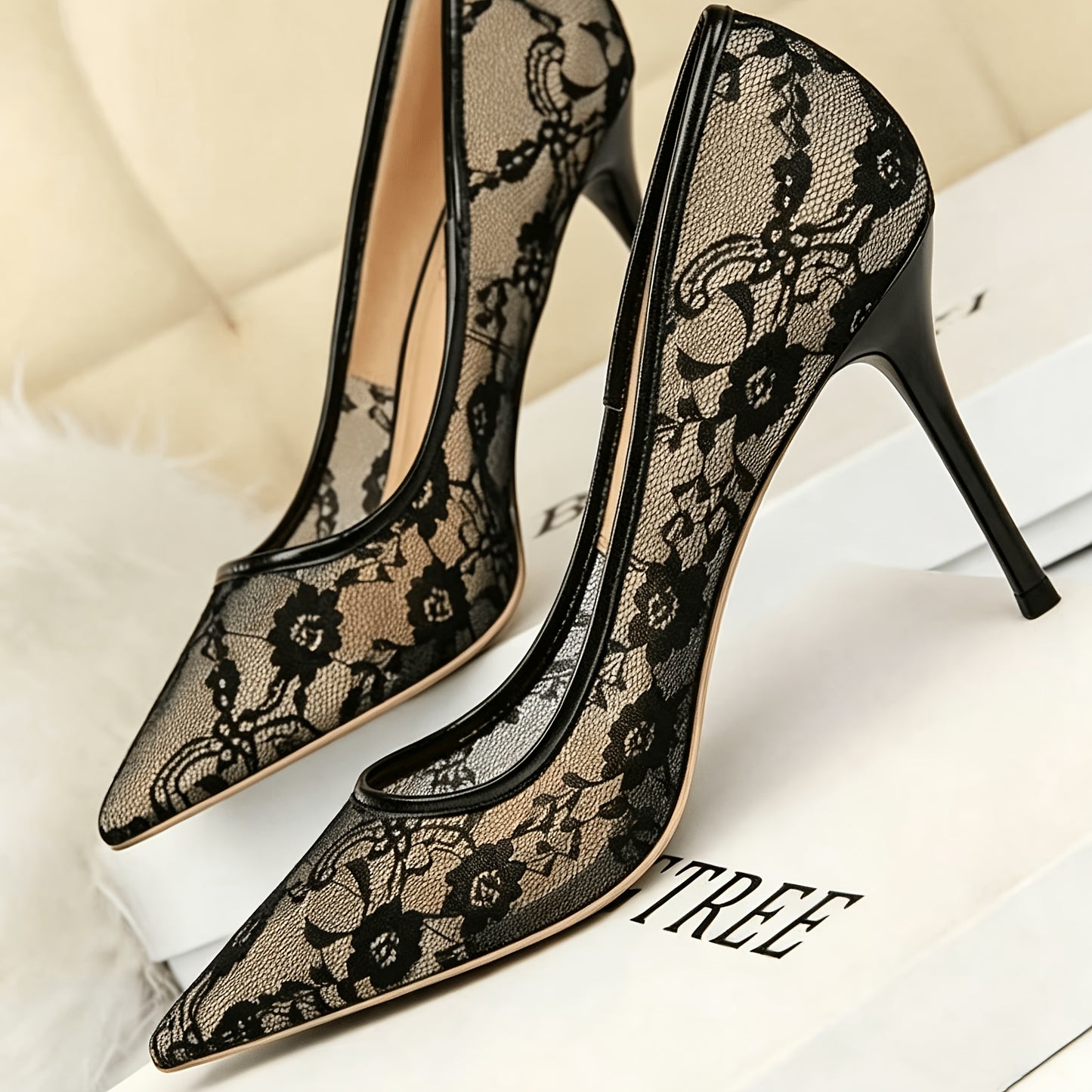 Women’s Mesh Lace Stiletto Heels Pointed Toe Elegant Dress Shoes