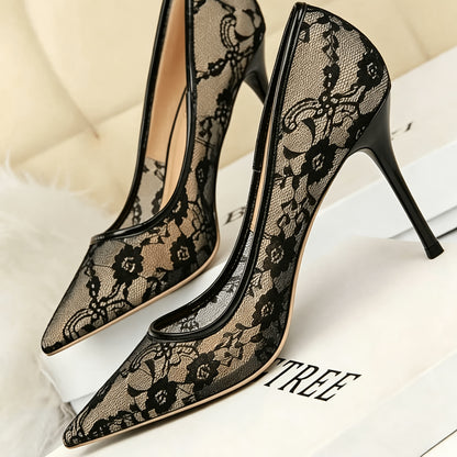 Women’s Mesh Lace Stiletto Heels Pointed Toe Elegant Dress Shoes