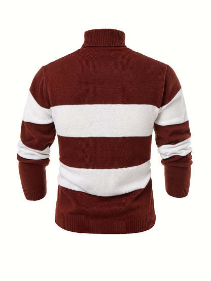 Men'S High-Neck Striped Knit Sweater, Stylish Color-Blocked Pullover for Spring And Autumn - ayq