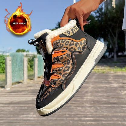 Women'S Stylish Leopard Print Winter Sneakers - Warm Fleece-Lined Casual Shoes with Thick Cushioned PVC Sole, Black & Orange Design, Perfect for Fall/Winter, Winter Sneakers | Leopard Print Shoes | Durable PVC Sole