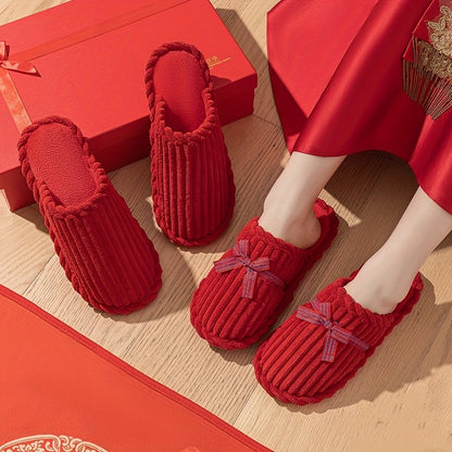 Jialiya Red Festive Simple Slippers - Warm, Versatile Winter Footwear for Women, Perfect for Outdoor Walks and Indoor Home Use, Minimalist and Stylish Design with a touch of Elegance.
