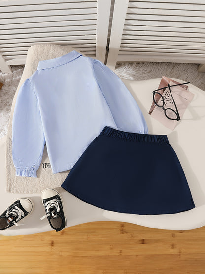 Girls' Striped Lace-Trim Polo & Pleated Skirt Set for Spring