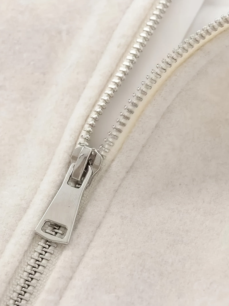 Women'S Elegant Pilot Jacket - Beige Bomber Style Short Coat with Pockets, Zip-Up, Long Sleeves, Loose Fit for Casual & Weekend Wear, Casual Wear Jacket | Bomber Jacket | Polyester Fabric