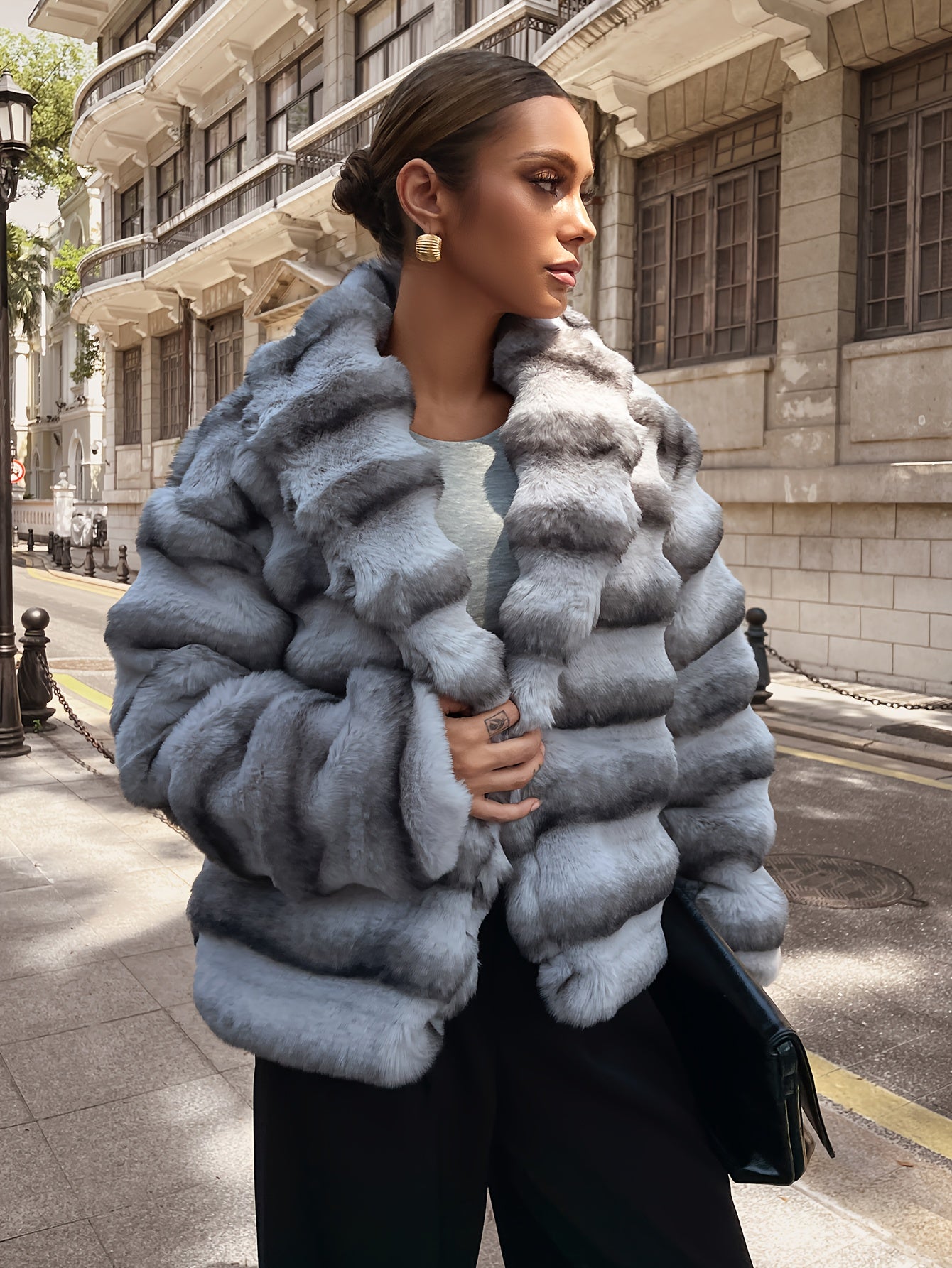 Women'S Faux Fur Coat with Imitation Dragon Cat Pattern - Stylish Gray & White Plush Winter Jacket, Casual Long Sleeve Outerwear for Cold Weather, Cozy Fleece Lined for Comfort