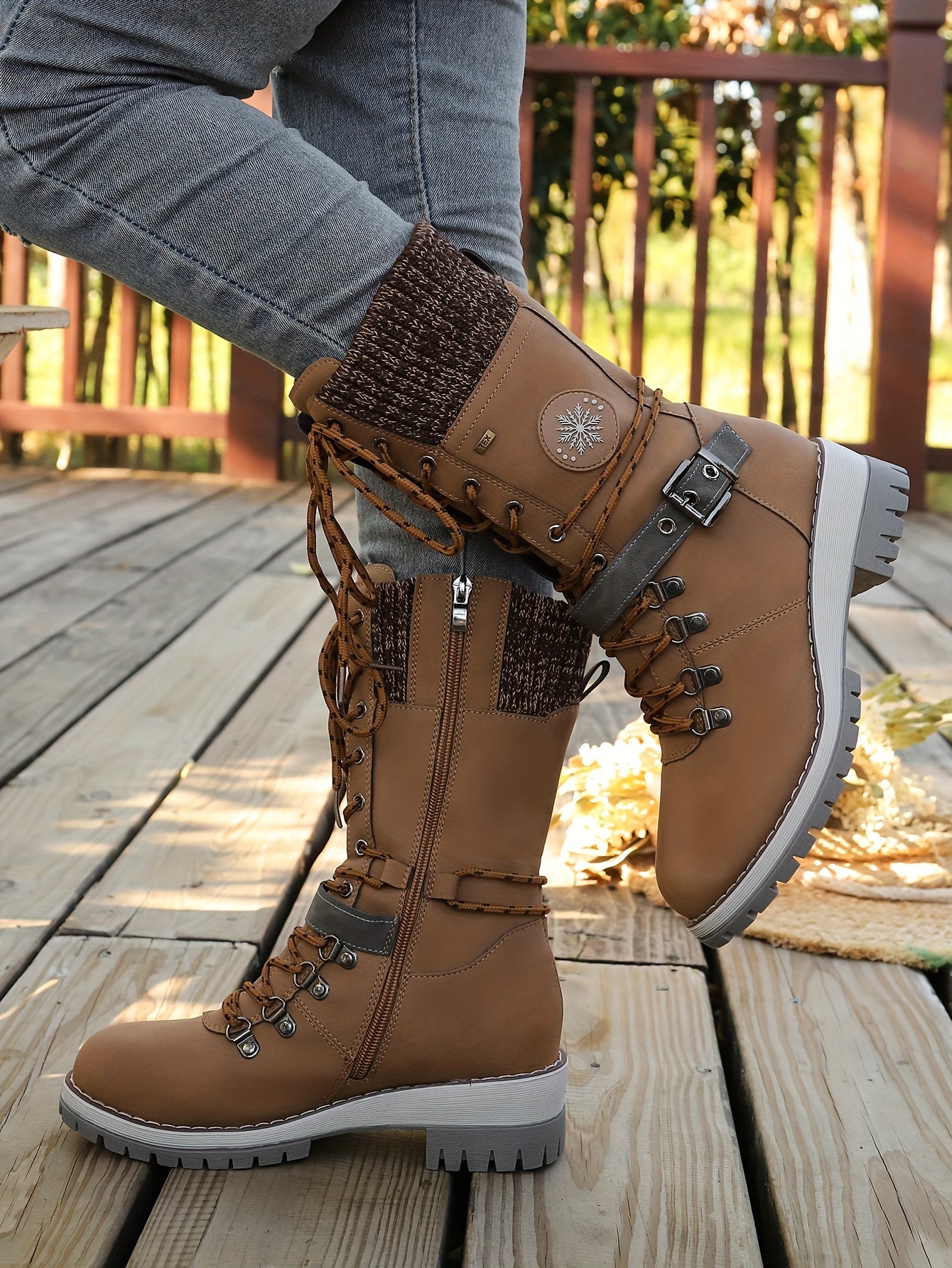 Women'S Comfortable Knitted Mid-Calf Winter Boots - Anti-Slip Side Zipper Lace-Up Design, Thick Sole, Fleece-Lined Retro Style in Black/Brown/Beige/Red/White for Casual Wear, Women Cowboy Boots, Women Winter Boots, Women Autu