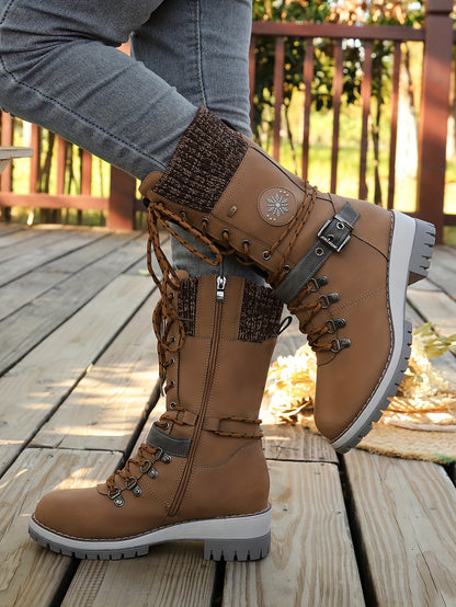 Women'S Comfortable Knitted Mid-Calf Winter Boots - Anti-Slip Side Zipper Lace-Up Design, Thick Sole, Fleece-Lined Retro Style in Black/Brown/Beige/Red/White for Casual Wear, Women Cowboy Boots, Women Winter Boots, Women Autu
