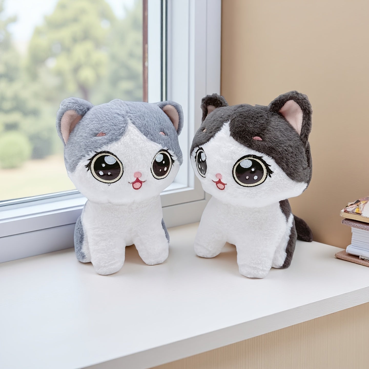 Adorable Kawaii Cat Plush Toy - Soft, Fluffy Stuffed Animal in Gray/Black - Perfect for Home & Sofa Decor, Ideal Birthday or Holiday Gift