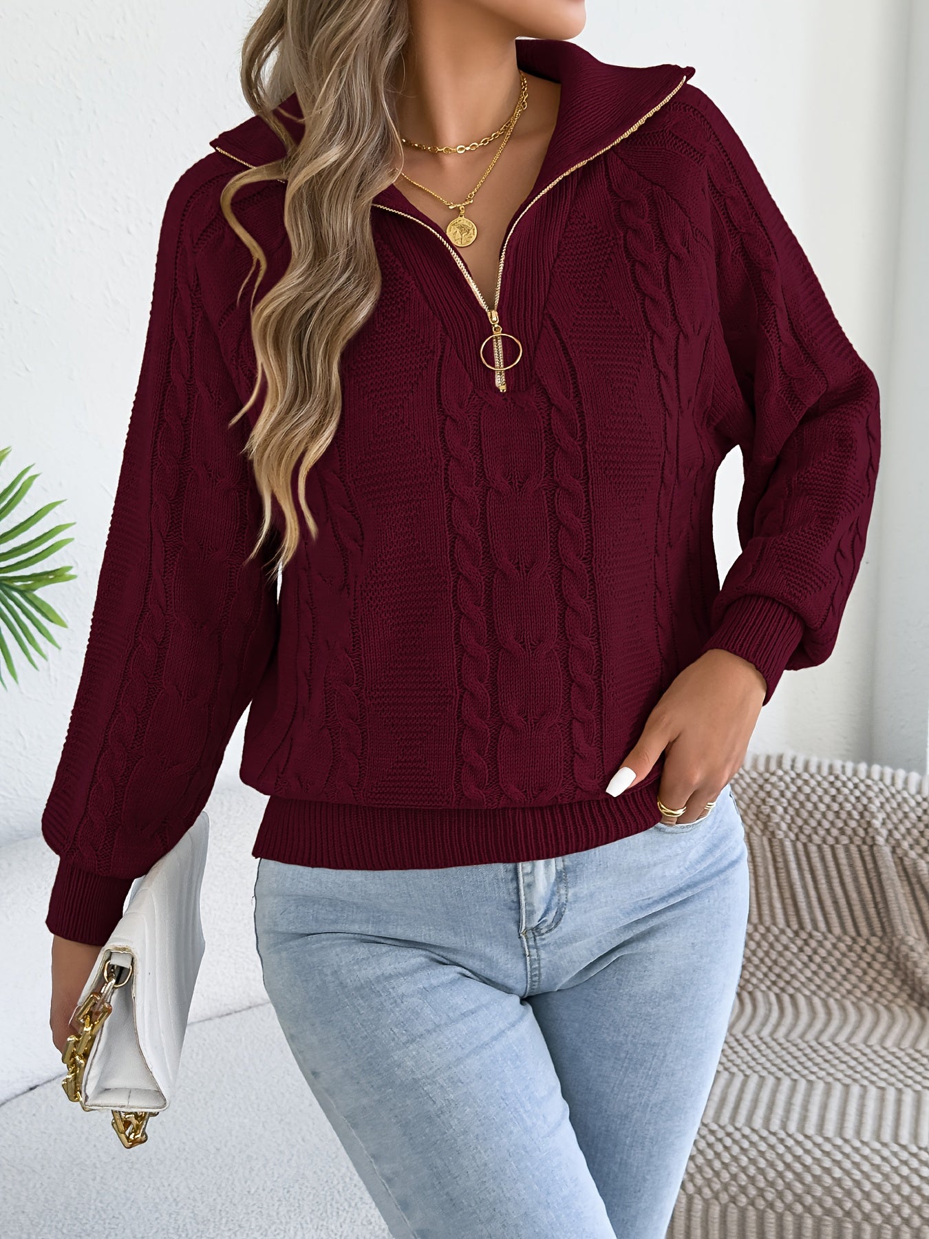 Autumn and Winter Leisure Vacation Pullover Sweater Solid Color Zipper Lapel Women's Sweater