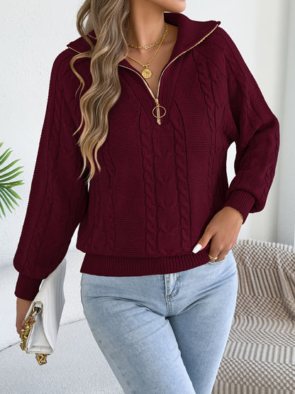 Autumn and Winter Leisure Vacation Pullover Sweater Solid Color Zipper Lapel Women's Sweater
