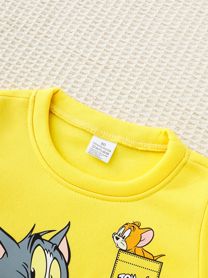 Warner Series Boys' Autumn/Winter New "Tom and Jerry" Series Set: Classic Nostalgic Yellow Top with Tom and Jerry Letter Print and Black Warm Fleece-Lined Pants, 2-Piece Casual Comfortable Everyday Outfit