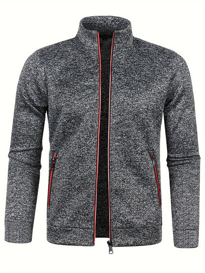 Men's Stand Collar Jacket - Full-Zip Casual Athletic Coat, Light Grey with Lime Accents, Zippered Front Closure for Gym, Office, Everyday - Machine Washable Outerwear, Gym Wear, Sporty Design, Smooth Texture, Lightweight Coat