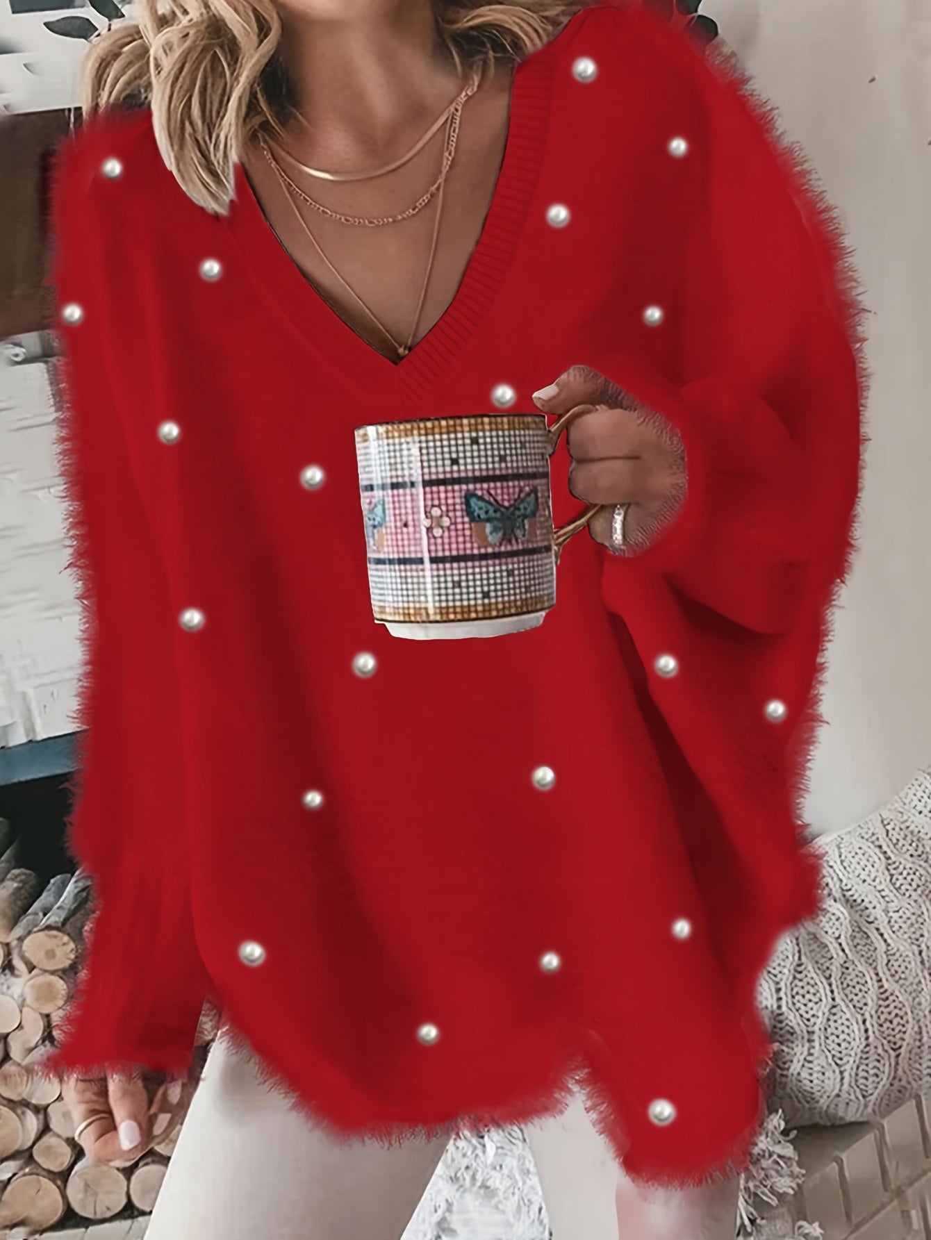 Plus Size - Women'S Cozy Yellow V-Neck Sweater with Pearl Buttons & Fleece-Lined Cuffs - Asymmetrical Hem, Geometric Pattern, Casual Winter Pullover for Casual Attire, Winter Apparel | Vneck Sweater | Pearl Button Details, Sw