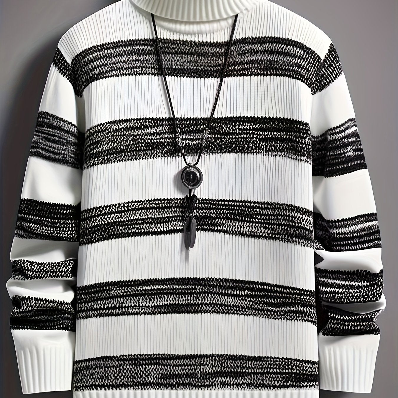 Men'S Stylish Black & White Striped Knit Pullover Sweater - High Neck, Long Sleeve, Ribbed Cuffs, Casual Fall/Winter Wear, Casual Wear Sweater | Highneck Sweater | Knit Construction, Sweater Vest