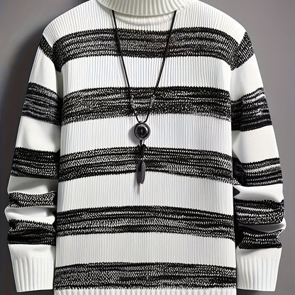Men'S Stylish Black & White Striped Knit Pullover Sweater - High Neck, Long Sleeve, Ribbed Cuffs, Casual Fall/Winter Wear, Casual Wear Sweater | Highneck Sweater | Knit Construction, Sweater Vest
