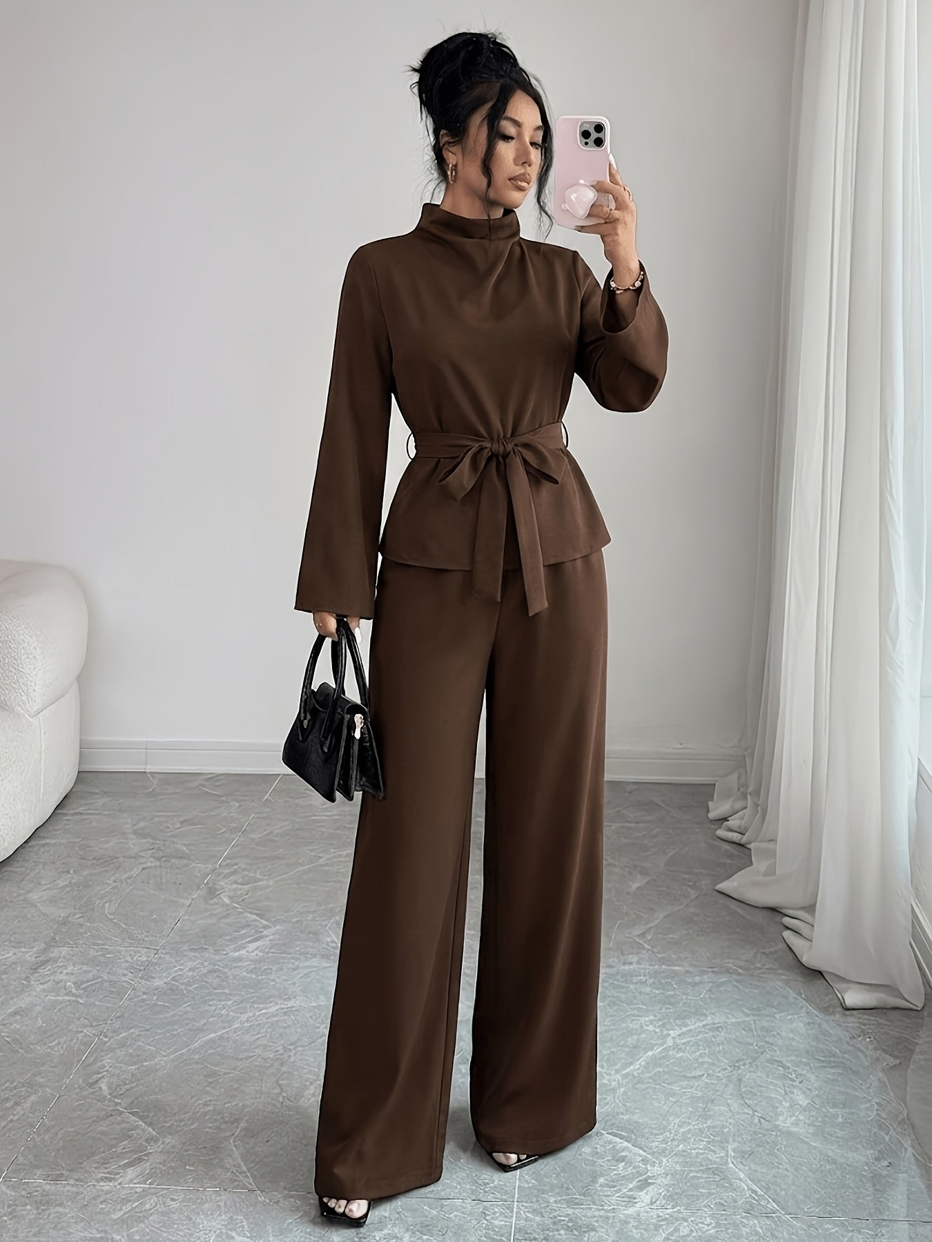 Women's Elegant Spring/Fall 2-Piece Belted Long Sleeve Set