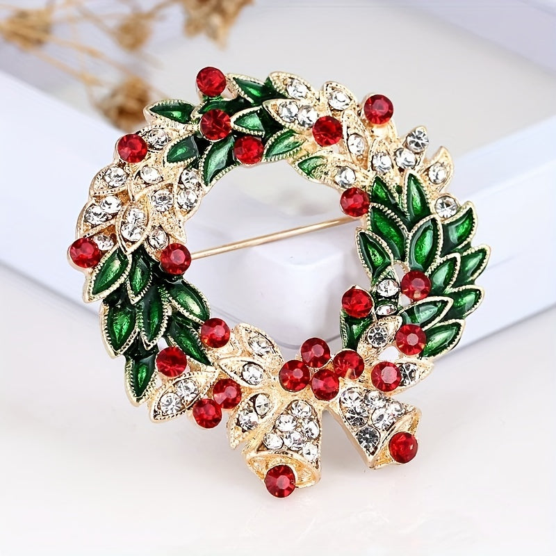 Luxury Christmas Bell Brooch with Rhinestone and Green Enamel Leaf, Alloy Golden-Plated, Fashionable Shiny Pin for Party and Banquet Accessories, Special Occasion Pin, Vintage Brooch, Elegant Design, Rhinestone Embellishment,
