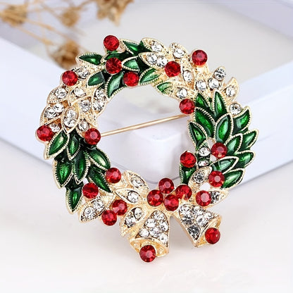 Luxury Christmas Bell Brooch with Rhinestone and Green Enamel Leaf, Alloy Golden-Plated, Fashionable Shiny Pin for Party and Banquet Accessories, Special Occasion Pin, Vintage Brooch, Elegant Design, Rhinestone Embellishment,