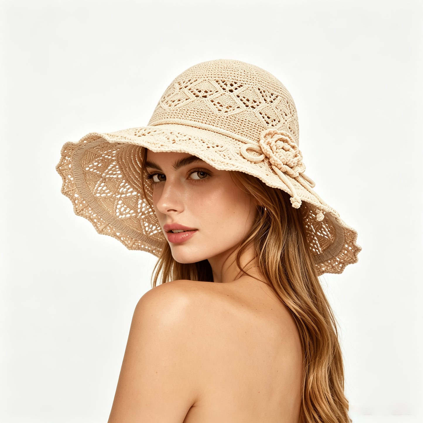 Women's Floral Crochet Trim Bamboo Straw Bucket Hat for Summer