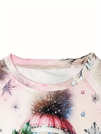 Women's Cozy Christmas Snowman Print Sweatshirt - Cute Pink Sweater with Collar & Raglan Sleeves, Soft Polyester-Spandex Blend Pullover for Winter Parties, Casual Holiday Sweater (Machine Washable)